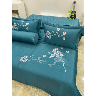 Bộ chăn ga gối phi Lụa thêu hoa 5 món cao cấp