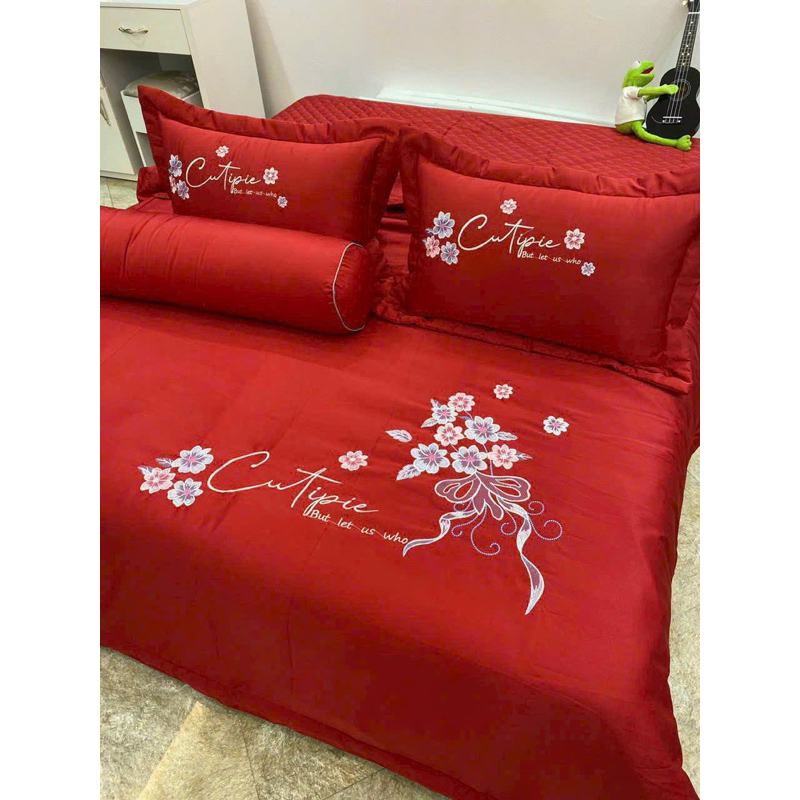 Bộ chăn ga gối phi Lụa thêu hoa 5 món cao cấp