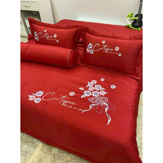 Bộ chăn ga gối phi Lụa thêu hoa 5 món cao cấp
