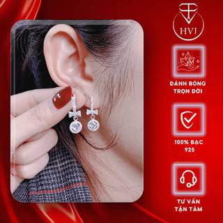 Bông Tai Nữ Bạc 925 HVJ Hình Đá Tròn Có Nơ Bên Trên