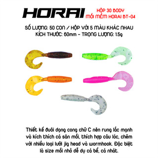 Mồi mềm câu cá lóc , mồi mềm mini horai bt - 04 đuôi cong hộp 50 body