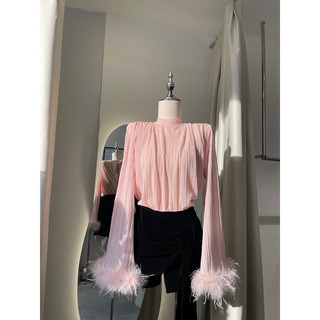 Áo vải nhũ tay kết lông vũ - Hồng Pastel