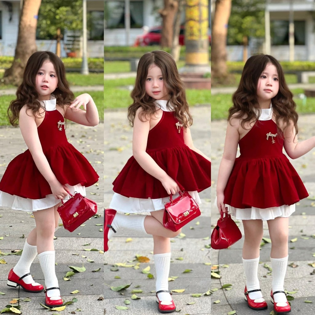 Váy bé gái - Váy nhung đỏ tiểu thư cổ yếm đính hoa dễ thương cho bé từ 8-26kg