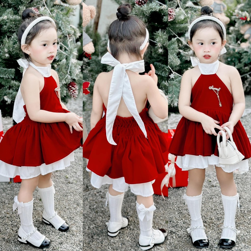 Váy bé gái - Váy nhung đỏ tiểu thư cổ yếm đính hoa dễ thương cho bé từ 8-26kg