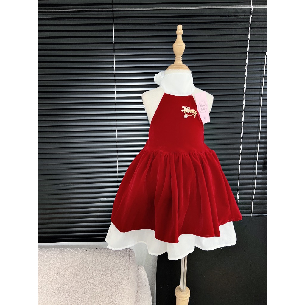 Váy bé gái - Váy nhung đỏ tiểu thư cổ yếm đính hoa dễ thương cho bé từ 8-26kg