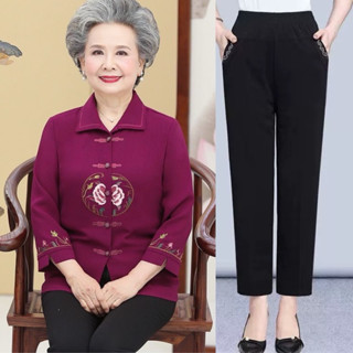 Bộ đồ cho bà nội bà ngoại, Bộ trung niên áo lụa cát quần cạp chun ống suông chất liệu cotton size lớn tới 80kg