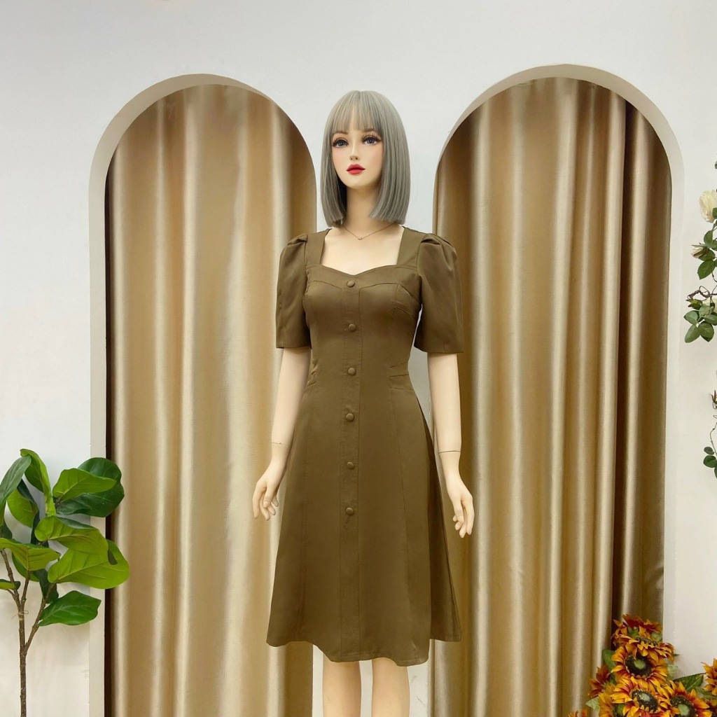 Đầm cổ vuông Nhật Vy tay phồng đính nút bọc chất lụa phù hợp công sở đi chơi cafe - D2858 | BigBuy360 - bigbuy360.vn