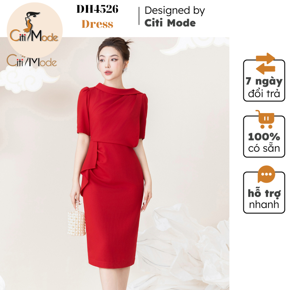 Đầm công sở CITI MODE FASHION thiết kế dáng ôm đỏ nhún hông cổ thuyền DH4526