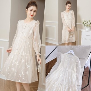 Đầm bầu voan họa tiết hoa 2 lớp sang trọng đính nút giữa