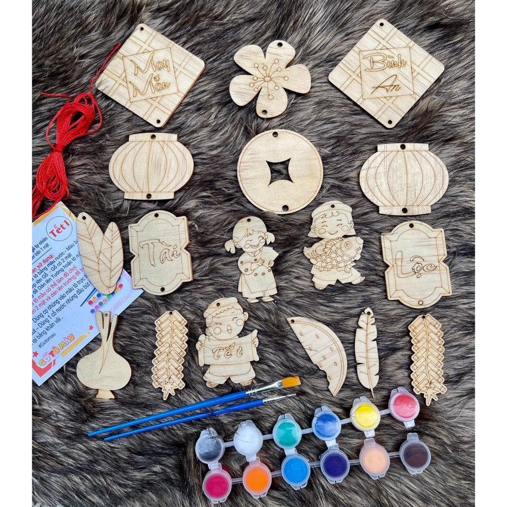(M01) Set Gỗ Tô Mầu Chủ đề Tết, Trang Trí Tết , Trang trí Cây Mai, Trang trí Cây Đào