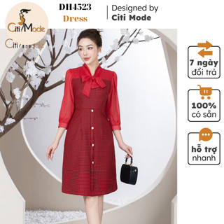 Đầm công sở CITI MODE FASHION thiết kế dáng A dạ kẻ đỏ phổi cổ nơ voan DH4523