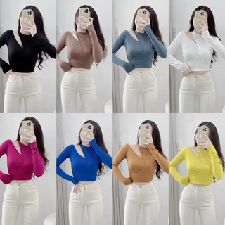 Áo thun croptop nhũ tay dài khoéc vai viền kiểu