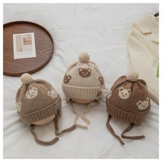 Mũ len cotton lớp lót nỉ cực ấm- mẫu gắn 1 cục bông gấu 3d cho bé trai/ bé gái