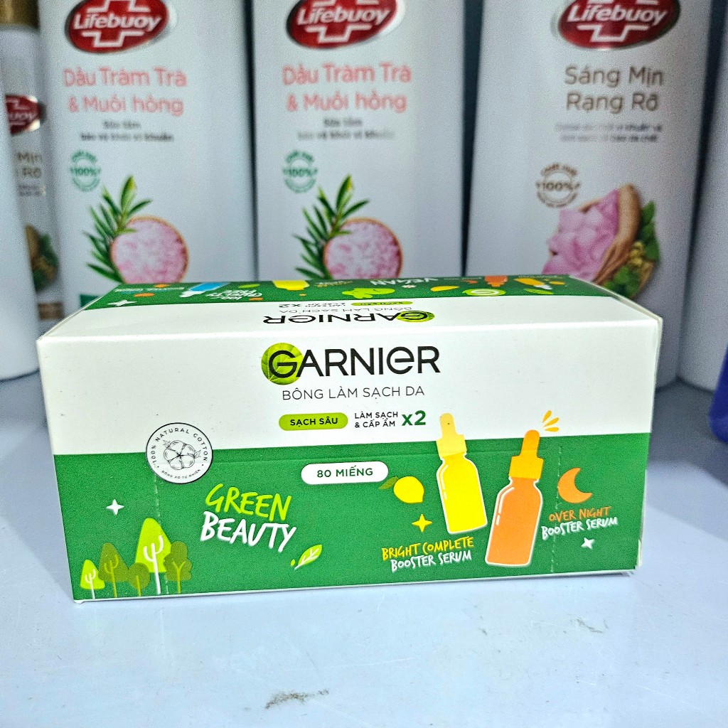 Bông tẩy trang Garnier/ hộp 80 miếng Lành Tính & Hiệu quả da trông khoẻ và đàn hồi 100% cotton