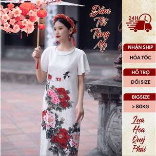 Đầm lụa Mẫu Đơn, đầm trung niên dáng suông 2 lớp sang trọng - Helen Boutique