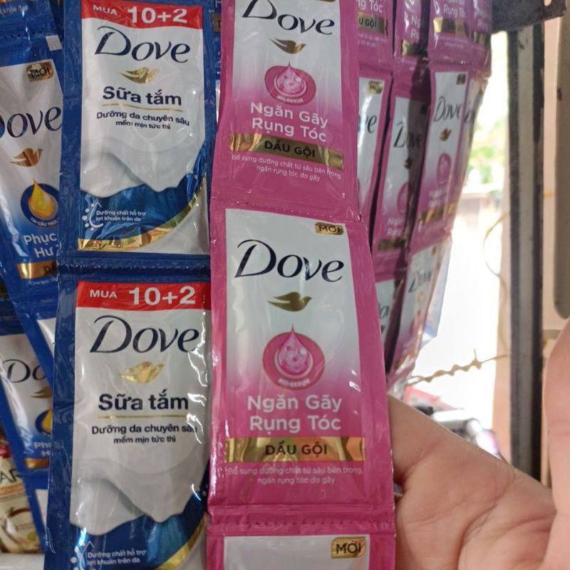 Dầu gội Dove Ngăn Gãy rụng tóc dây 10 gói  và sữa tắm dove dưỡng da mua 10 gói tặng 2 gói