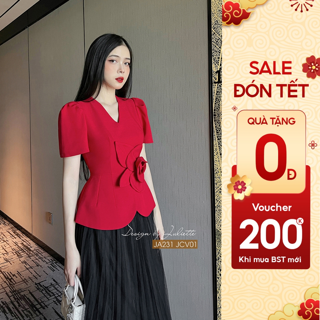 Áo ký giả nữ Peplum công sở dập hoa 3D thiết kế tay bồng bo eo điệu thương hiệu JULIETTE -  AO0010