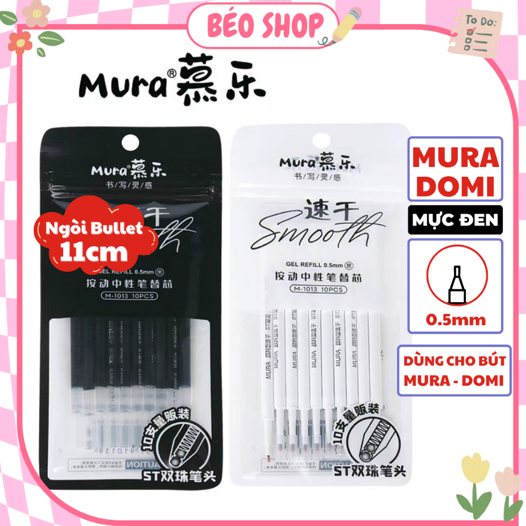 Túi 10 ngòi bút gel 0.5mm MURA DOMI 11cm Pkbeoshop ruột bút đen dùng cho bút bấm đầu bullet ST
