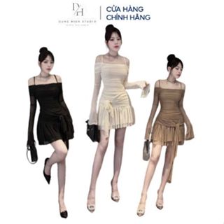 Đầm Váy thun Rớt Vai 2 Dây Đang Ngắn Nhún Ngực 2 Lớp Mặc Đi Tiệc Đi Chơi DH STUDIO