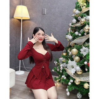 Set áo rút dây ngực + chân váy xoè xếp ly