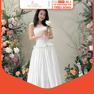 M441 - Đầm ống cúp nhún thun dáng xòe trắng đen, đầm maxi bo chun dáng xòe