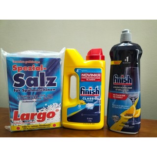 Bột rửa bát Finish 1,2kg Đức chính hãng+ Muối 1,2kg Largo sản xuất tại Đức+ Bóng Finish 800ml + Tặng  viên Finish Nhật
