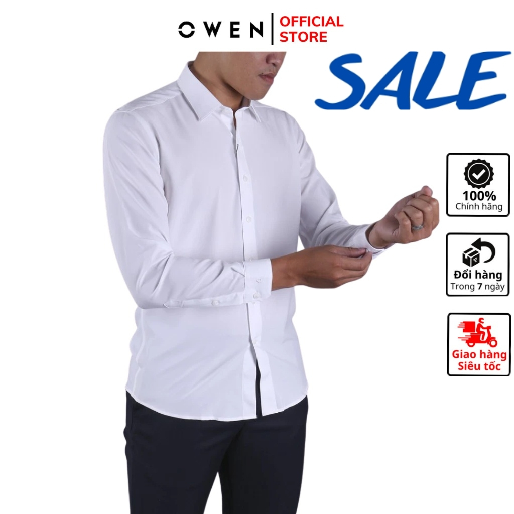 Áo sơ mi nam dài tay OWEN AS230318D somi công sở vải nano cao cấp màu trắng trơn dáng ôm tà lượn không túi