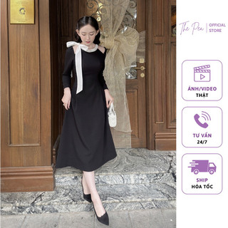 Đầm Dự Tiệc Thiết Kế khoét vai cổ thắt nơ đính đá tiểu thư chất liệu tex kim tuyến sang trọng - TAMY DRESS by The Pea