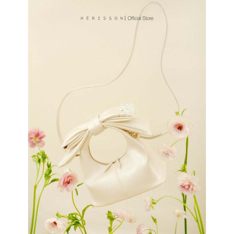  Túi nữ chow bag HÉRISSON màu kem nhũ kèm nơ tháo rời 