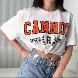 Áo croptop nữ tay ngắn rút dây in logo chữ cannot cực đẹp