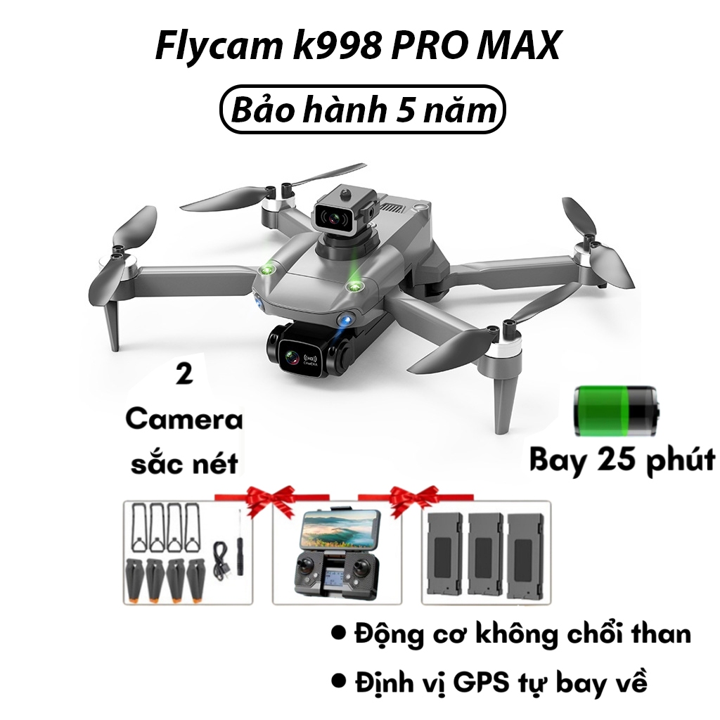Máy Bay Điều Khiển Từ Xa, Flycam K998 PRO MAX GPS tự bay về, Fly cam động cơ không chổi than, Cảm biến chống va chạm