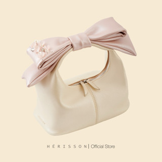 Túi nữ chow bag Hérisson màu kem nhũ , nơ hồng nhũ tháo rời