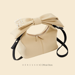 Túi xách nữ Chow bag HÉRISSON màu kem,nơ tháo rời, quai đeo chéo