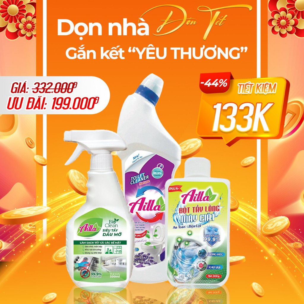 Combo Sạch Thơm Đón Tết Gồm Bột Tẩy Lồng Máy Giặt Ailla, Tẩy Dầu Mỡ Ailla Bio Clean, Tẩy Toilet Aill