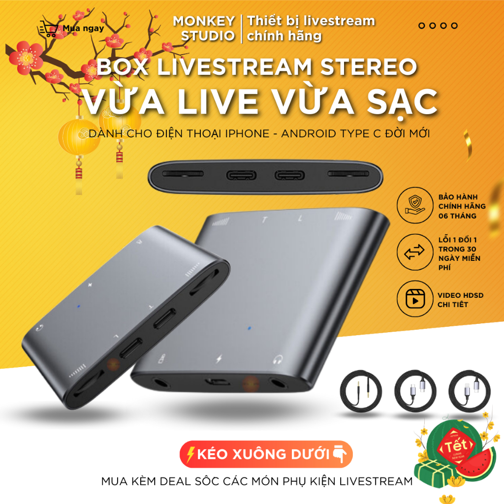 Box Livestream Stereo PK Đàm Thoại 2 Chiều Vừa Live Vừa Sạc Cho Thu Âm Hát Live Stream OTG, Monkey Studio