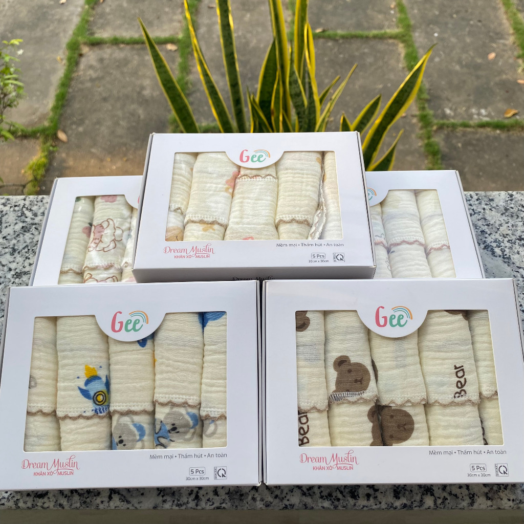 Khăn sữa Muslin Gee 30x30cm (Set 5 khăn) in hình - mềm mịn, thấm hút , an toàn cho bé