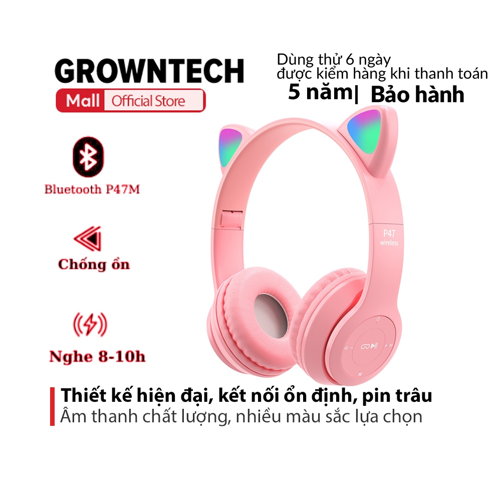 Tai nghe không dây bluetooth chụp tai gaming chống ồn P47M, tai nghe mèo đèn led, nghe nhạc cực hay bảo hành 5 năm