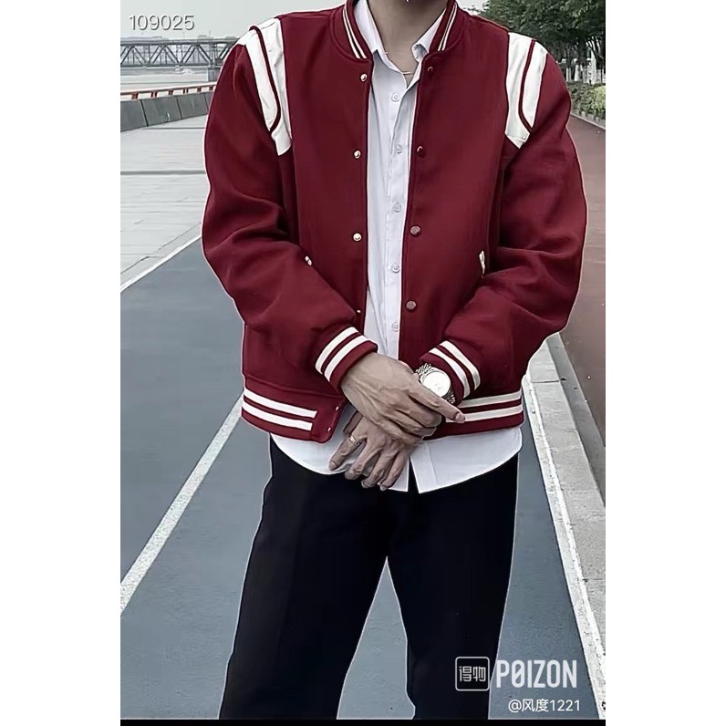 Áo khoác Bomber dạ Saint Laurent Đỏ viền vai Trắng bản LA on web