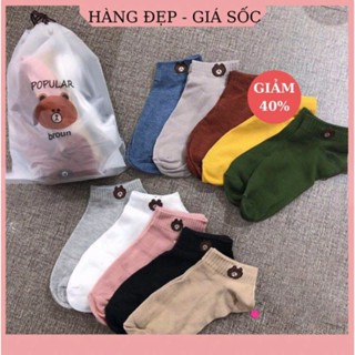 Combo 10 đôi tất nữ cổ ngắn hình gấu kute tặng kèm túi rút