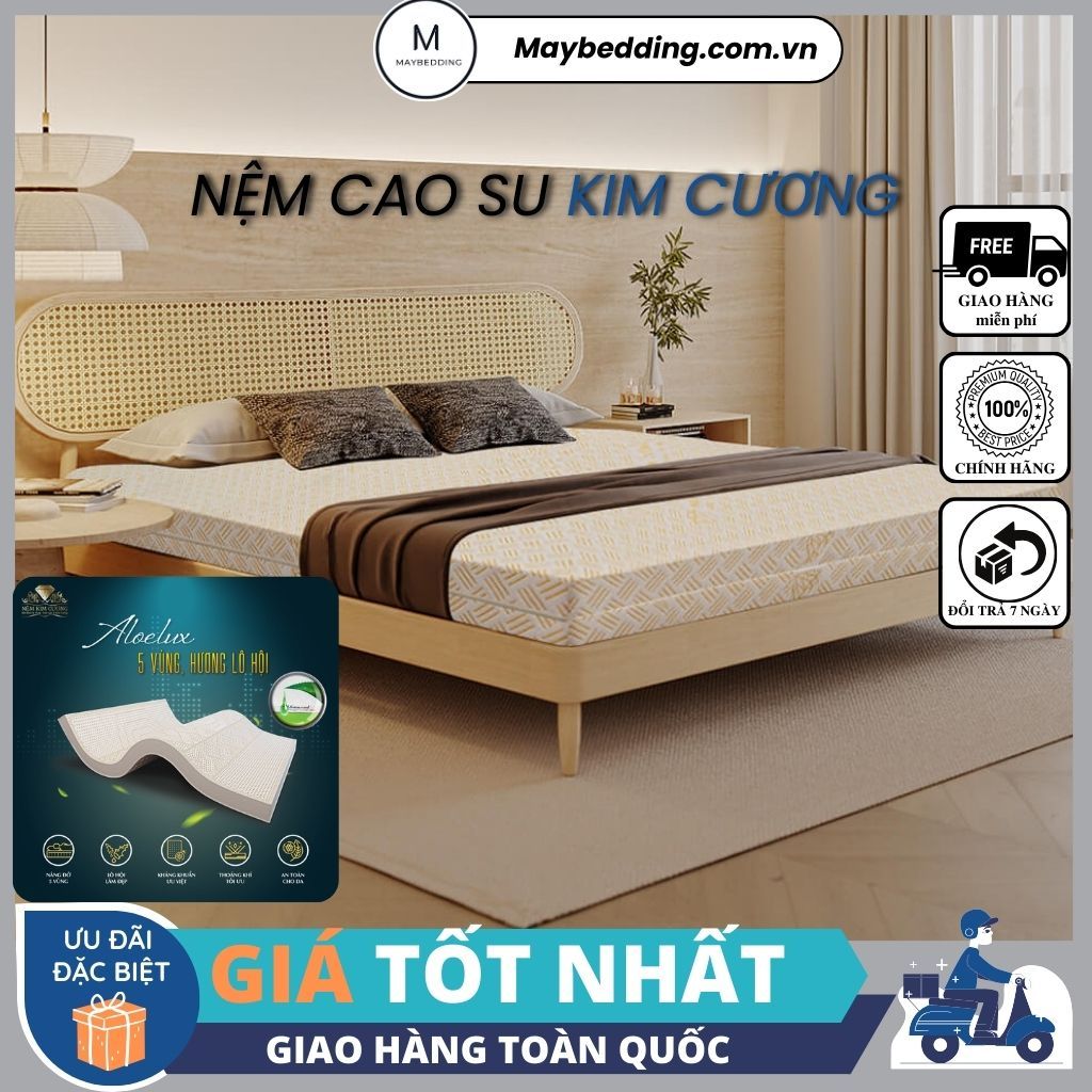 Nệm Cao Su KIM CƯƠNG Happy Gold, 5Zone Aloelux, Áo Bọc Gấm Cao Cấp, 100% Cao Su Tự Nhiên - Hàng Chính Hãng