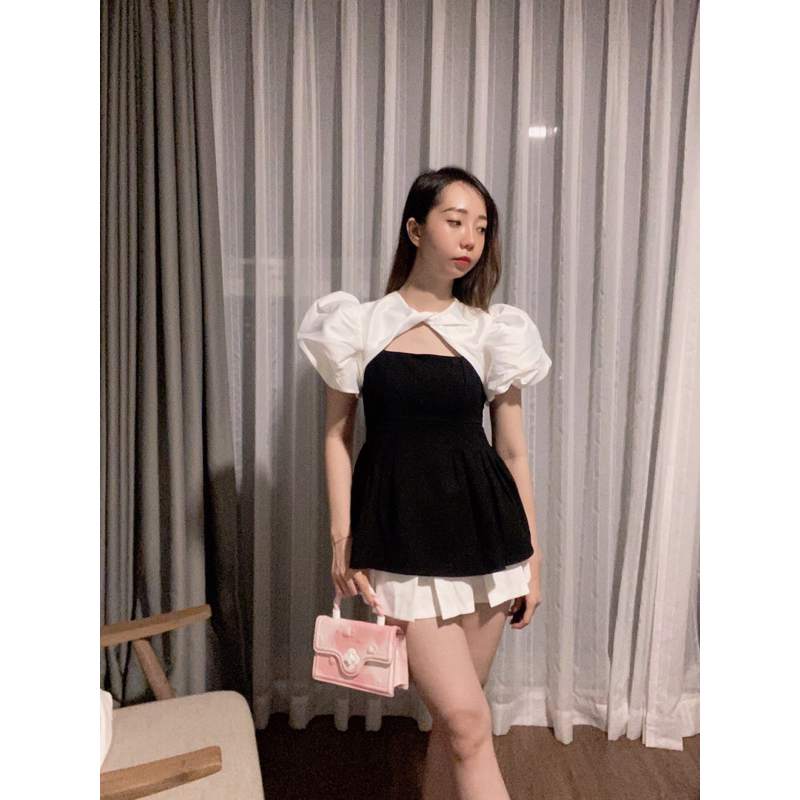 (pass) Áo thiết kế tay phồng bí xoắn cổ, dáng xoè babydoll