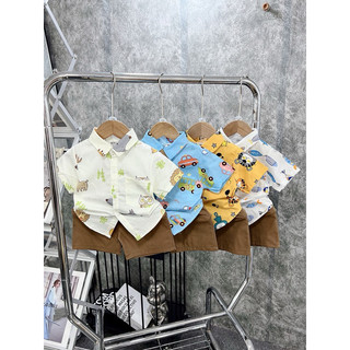 Sét bộ áo sơ mi thô lụa hoạ tiết phối quần kaki giặt mềm cho bé trai