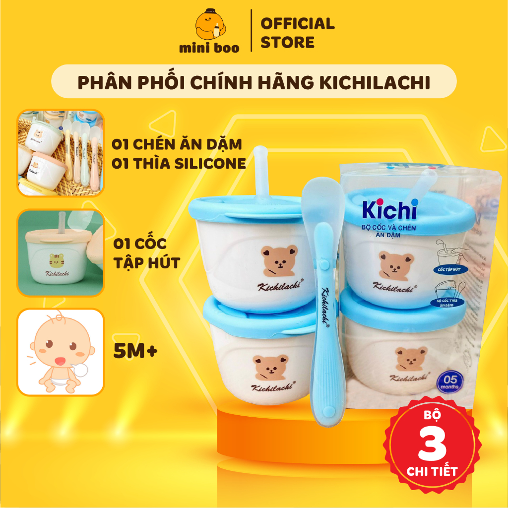 Cốc Tập Uống Nước Kichilachi Mamicare Cho Bé 3 Giai Đoạn 150ml Mẫu Mới kèm Nắp và Thìa silicon - MINIBOO