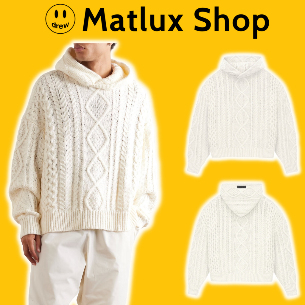 Áo hoodie len Fear Of God Essentials Cable Knit Cloud Dancer Hoodie cao cấp, Áo len có mũ form rộng 