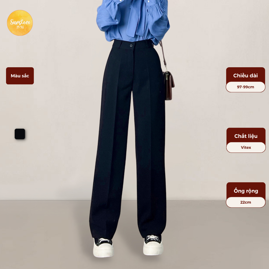 Quần tây ống suông nữ lưng cạp cao form rộng dài vải màu đen Q7 - Sunstore