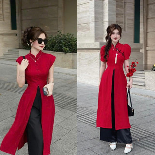 Set áo dài tà tứ thân xẻ màu đỏ mặc đi chụp hình tết