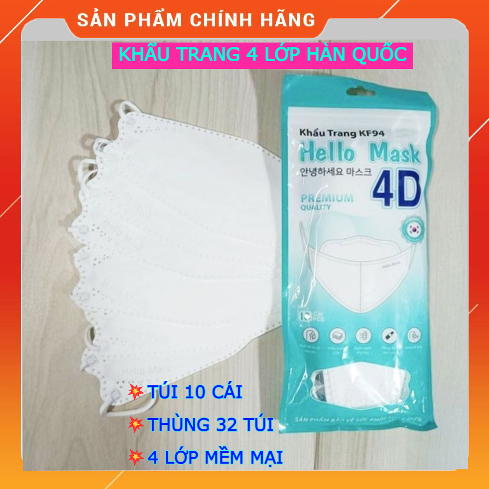 Thùng khẩu trang y tế 4D KF94 4 lớp Hello Mask túi 10 cái, thùng 32 túi cao cấp - Công nghệ Hàn Quốc - Chính hãng