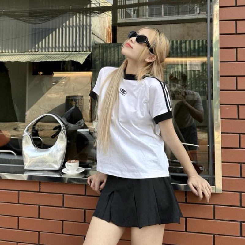 Áo thun baby tee KillSystem form fit Chữ K màu be  viền tay , Áo thun baby T-shirt kẻ viền vai màu hồng