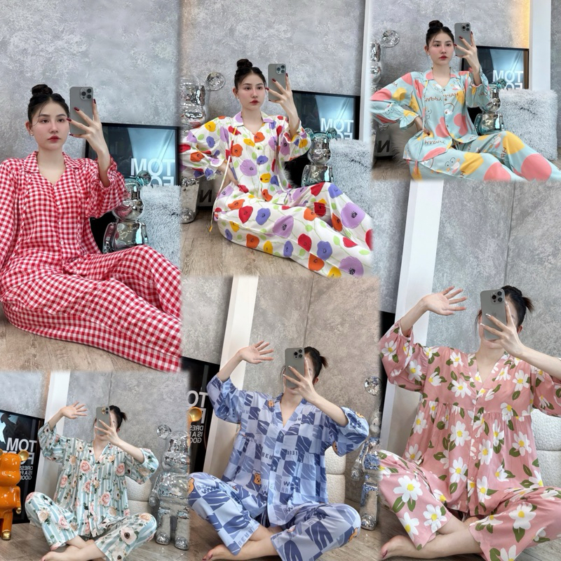 Bộ đồ Tole Lanh Pijama thiết kế tay dài quần dài viền cổ F21 VNXK