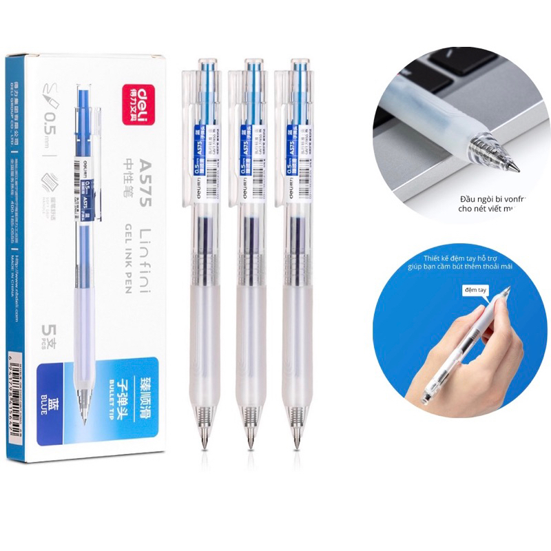 Combo 3 Bút Bi Mực Nước Cao Cấp Deli A575, Bút Bi Bấm Mực Đen Xanh Ngòi 0.5mm/ Có Ruột Thay Thế